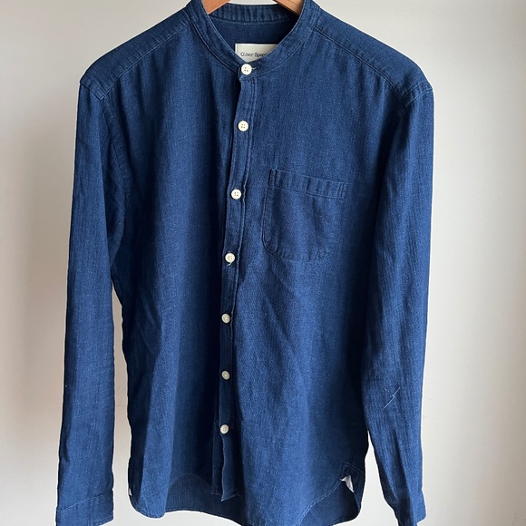 Indigo Collarless L/S Button Down - Sz 15 - SMALL - Picture 1 of 3